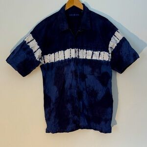 ✅ WORLD ISLAND Vintage Casual Short Sleeve Button Down Tie Dye Shirt Blue/ White